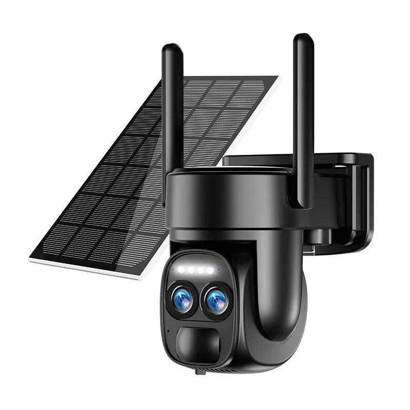 Solar-powered outdoor security camera with 8x zoom lens and integrated solar panel
