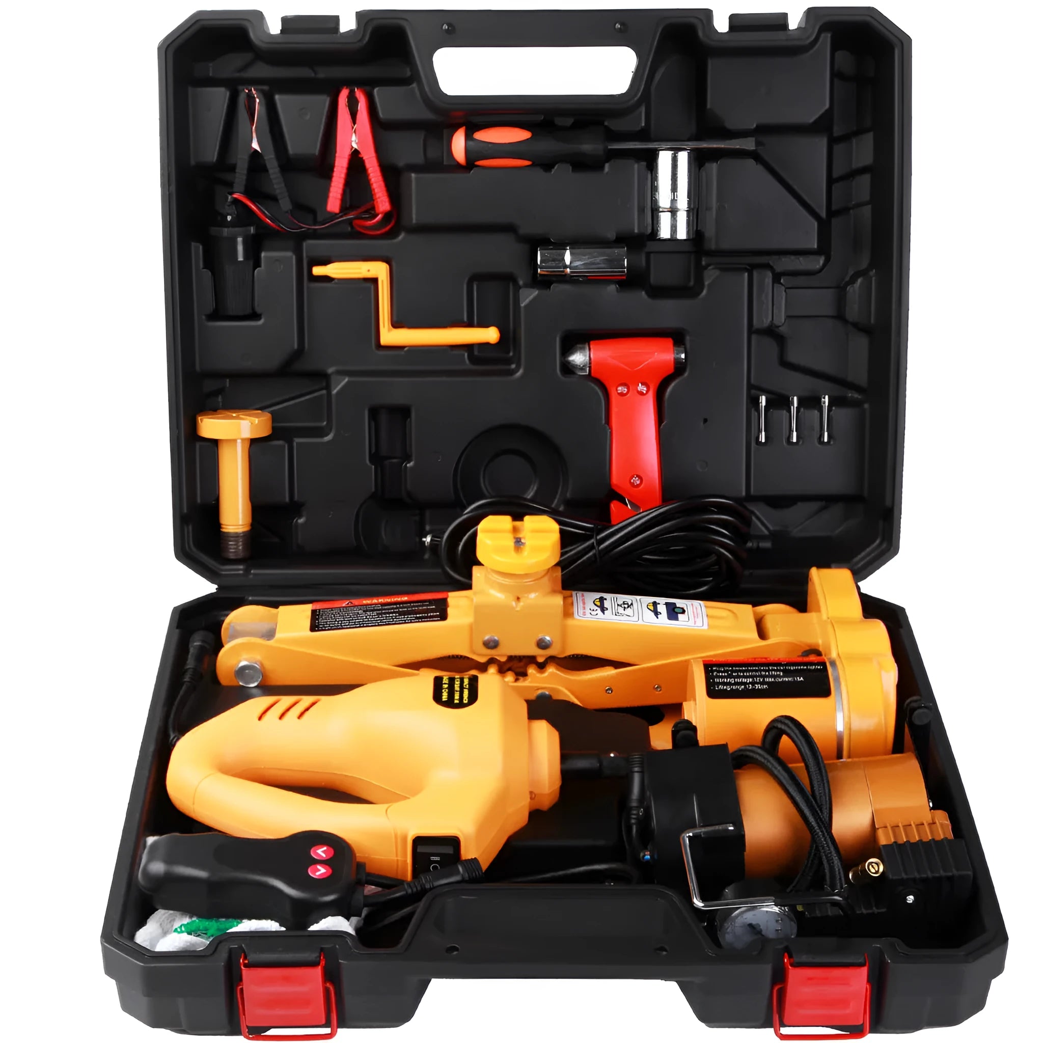 Yellow electric car jack set with wrench for roadside tyre changes