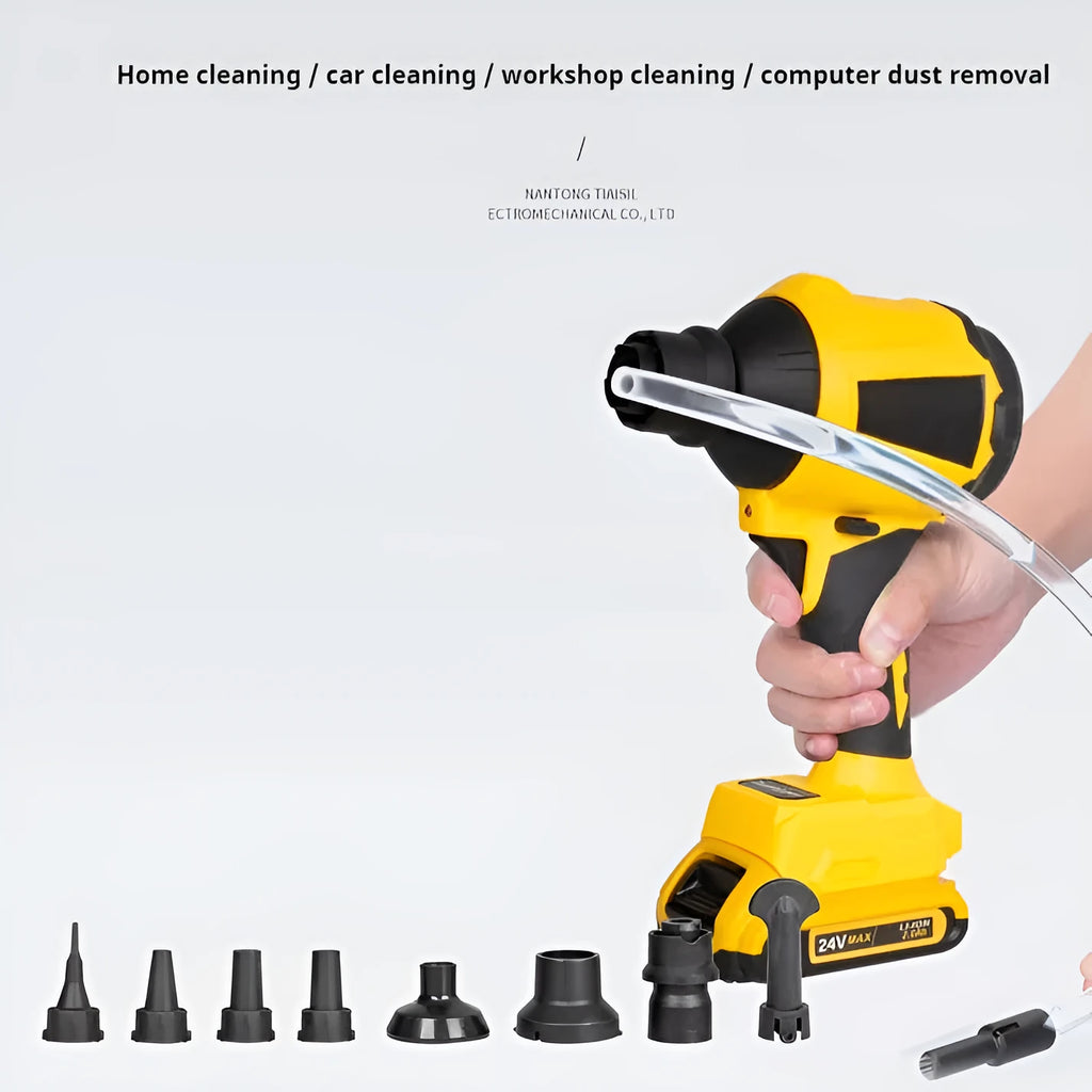 Yellow handheld lithium battery dust blower and suction gun for office and home cleaning.