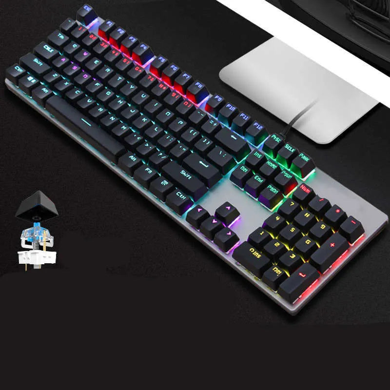 GK410 mechanical keyboard with USB cable showing metal construction and 104-key layout