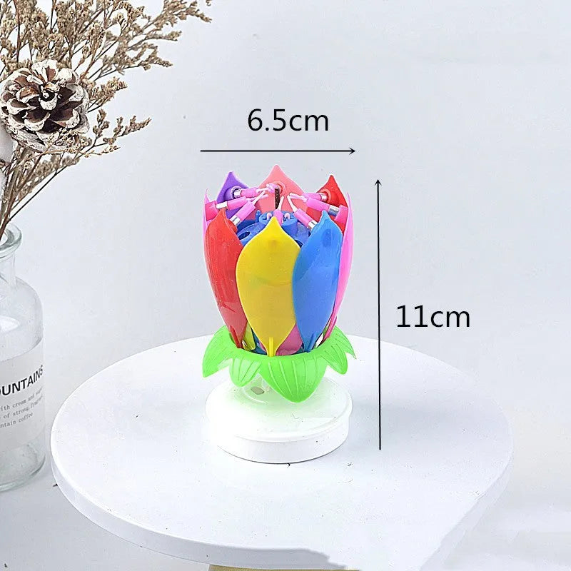 Lotus music birthday candle in pink, blue or rainbow, paraffin and ABS, flower-shaped rotating cake topper
