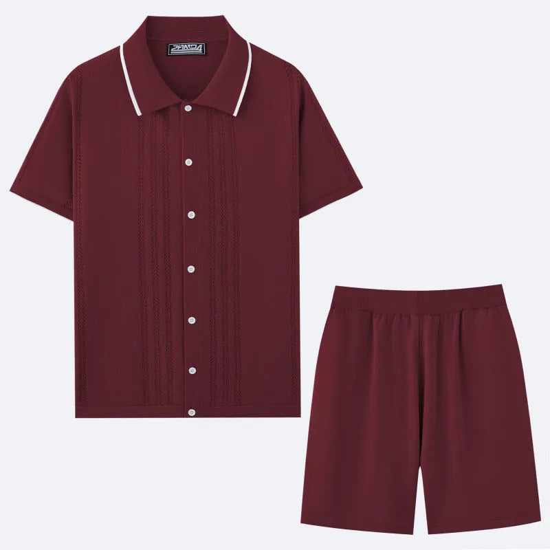 European and American business casual two-piece set in khaki, dark blue, black, light blue, grey, and wine red featuring short sleeve knit top and shorts.