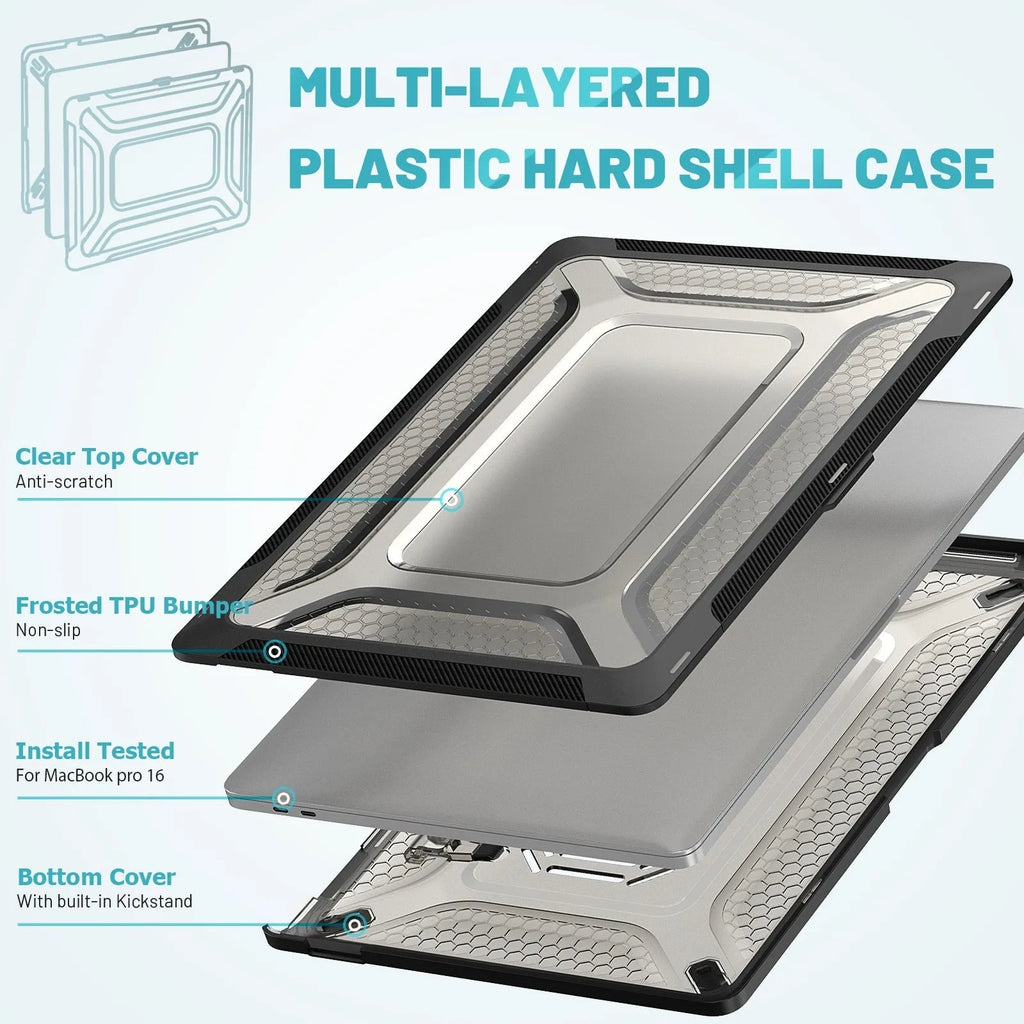 MacBook protective case in four colour options: cold black, grey, apricot, and blue.