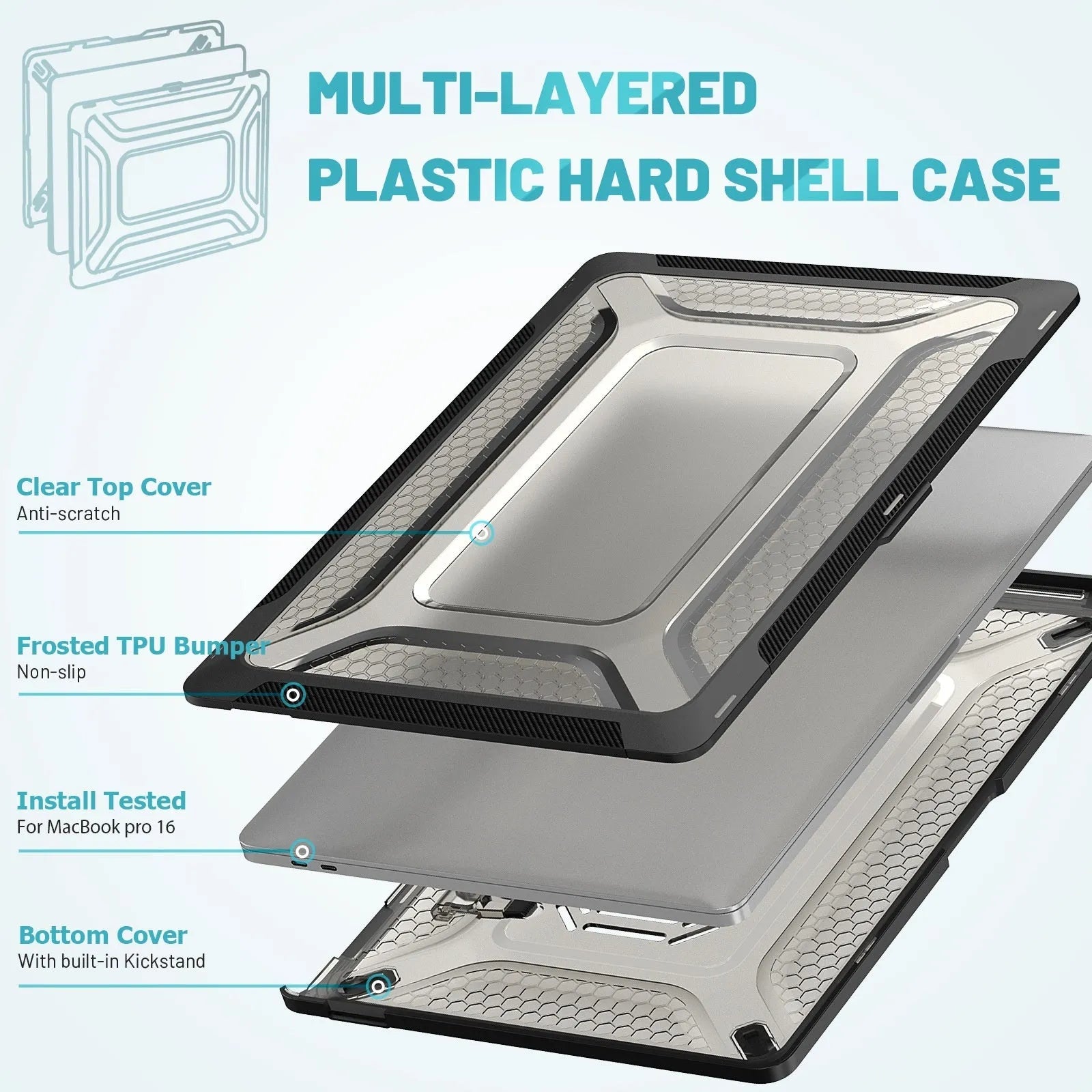 MacBook protective case in four colour options: cold black, grey, apricot, and blue.
