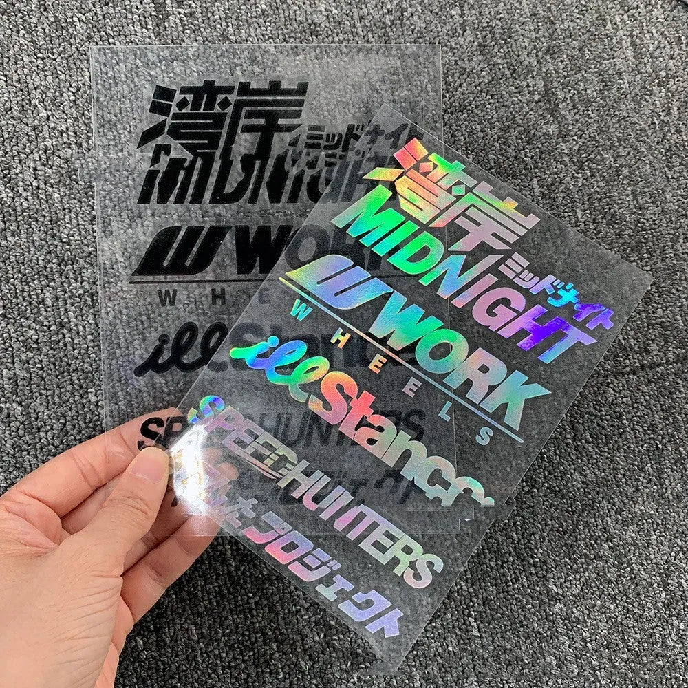 Reflective motorcycle bumper sticker on PET material, 16cm long by 11cm wide.