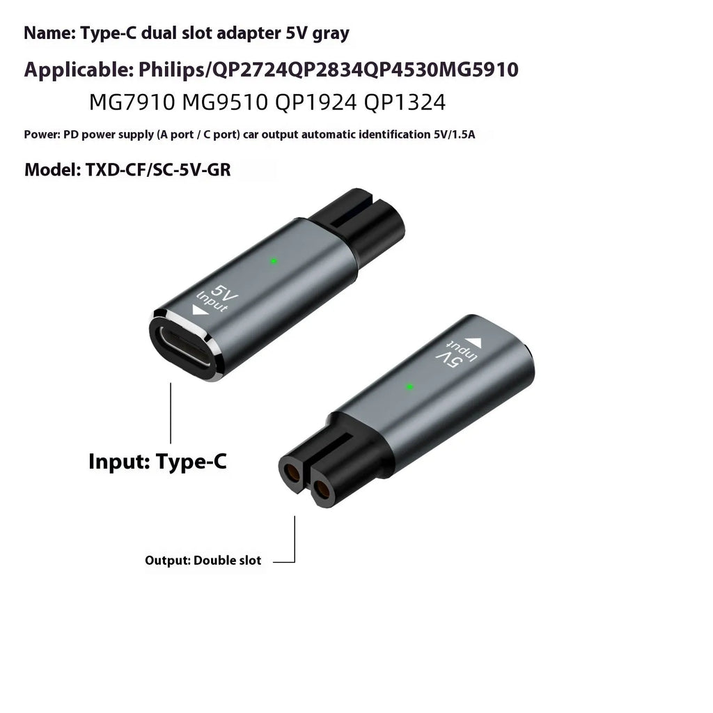 USB-C charging adapter for electric shavers with aluminium alloy casing in black or grey