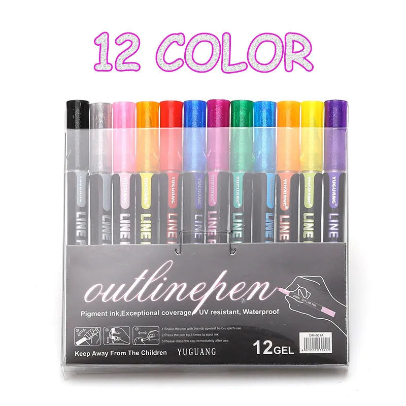 Double line signature highlighter pen set with 8 mixed colours, plastic shell, 13.2cm length, and PET box
