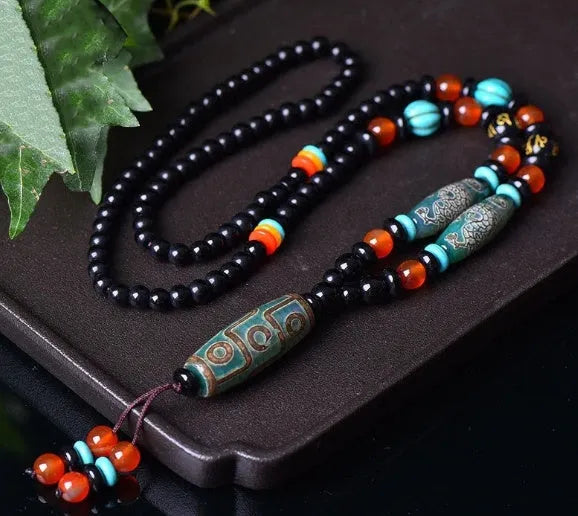 Ethnic style Dzi bead pendant necklace in green Tibet beads made from jade and agate