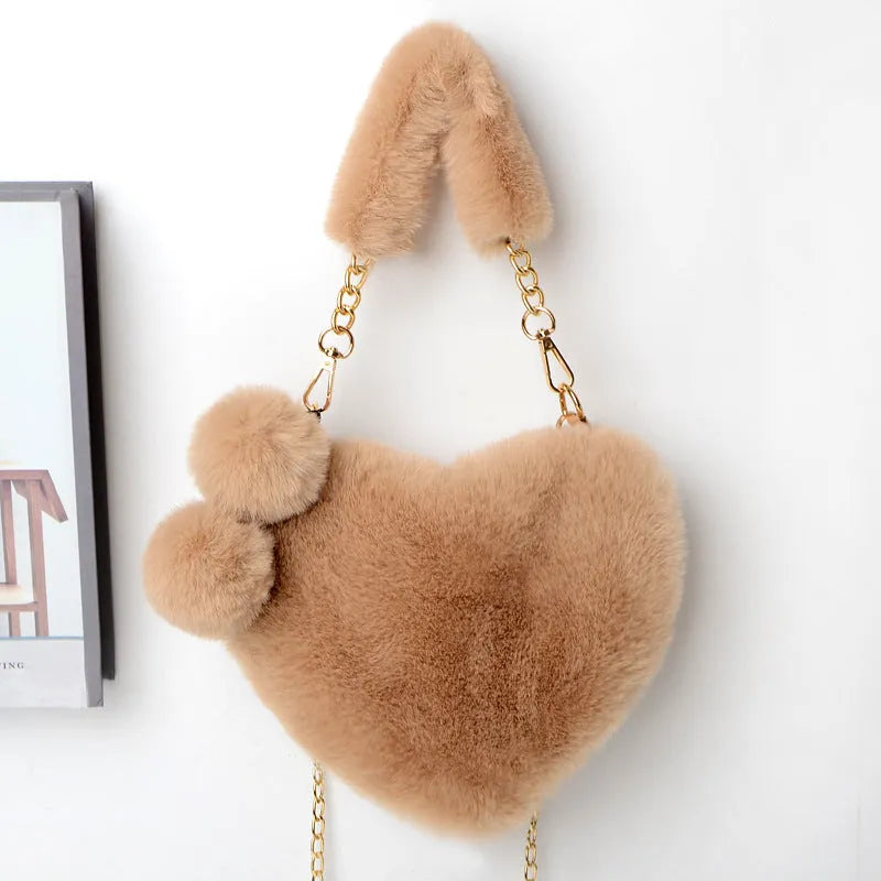 Love Bags soft plush heart-shaped handbag for women with detachable shoulder strap