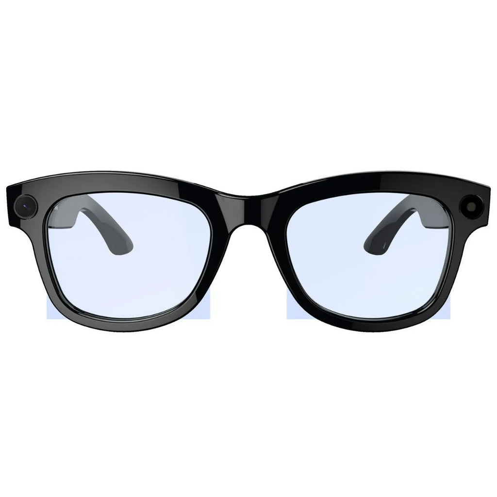 M01 black and transparent lens HD camera AI translation intelligent video glasses on a stand.