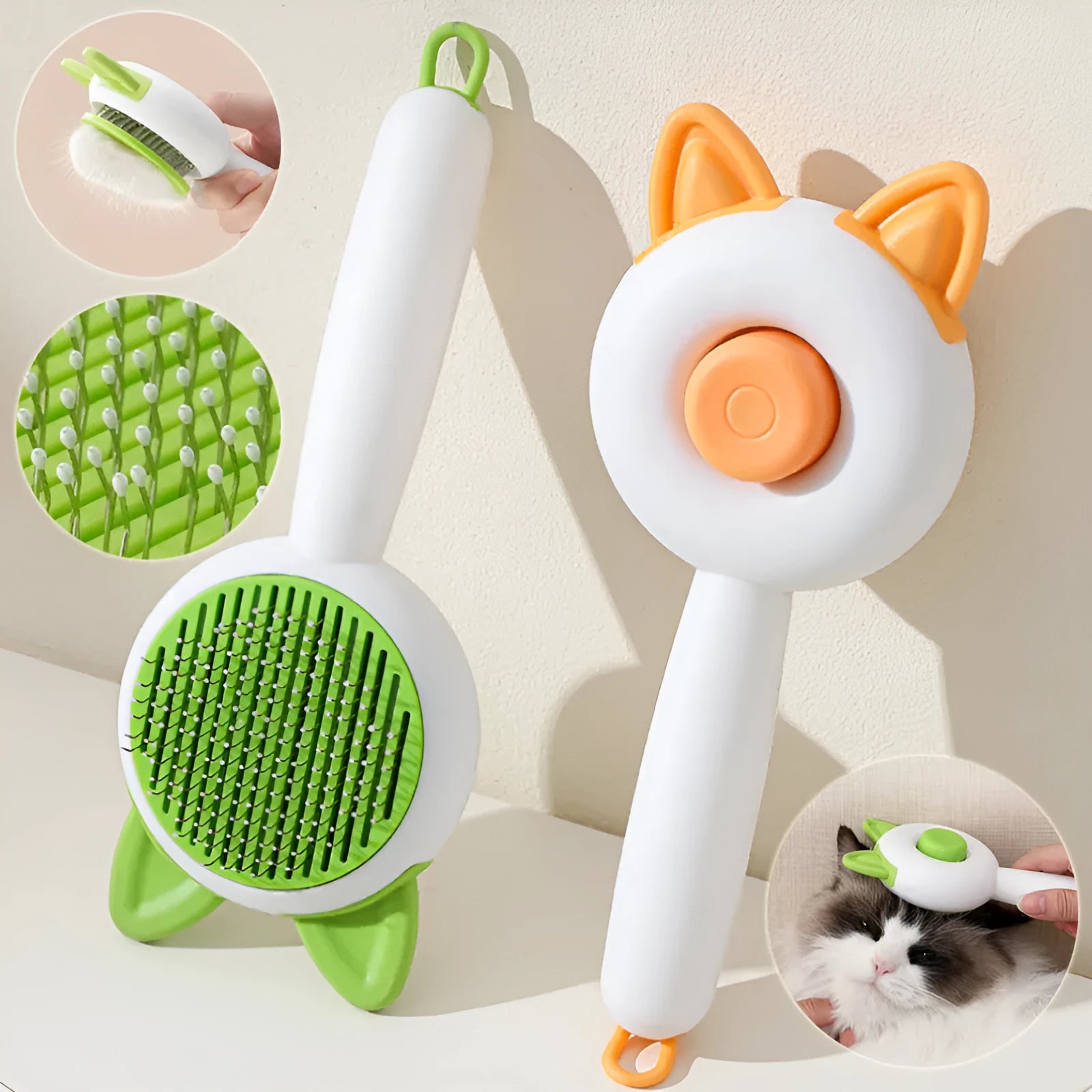 Greenish white and orange white self-cleaning cat comb with stainless steel bristles for pet hair removal.
