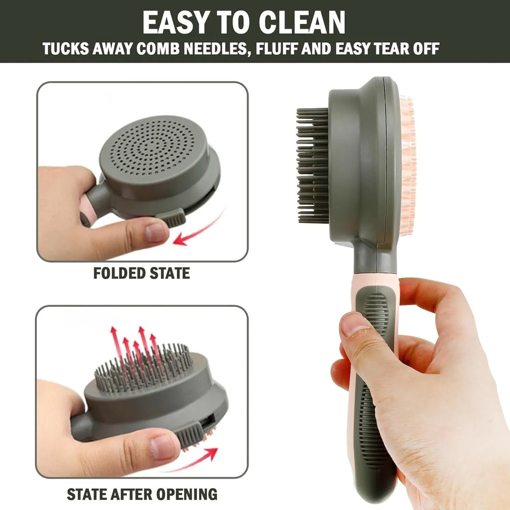 Green and pink double-sided cat brush with release button and flea comb