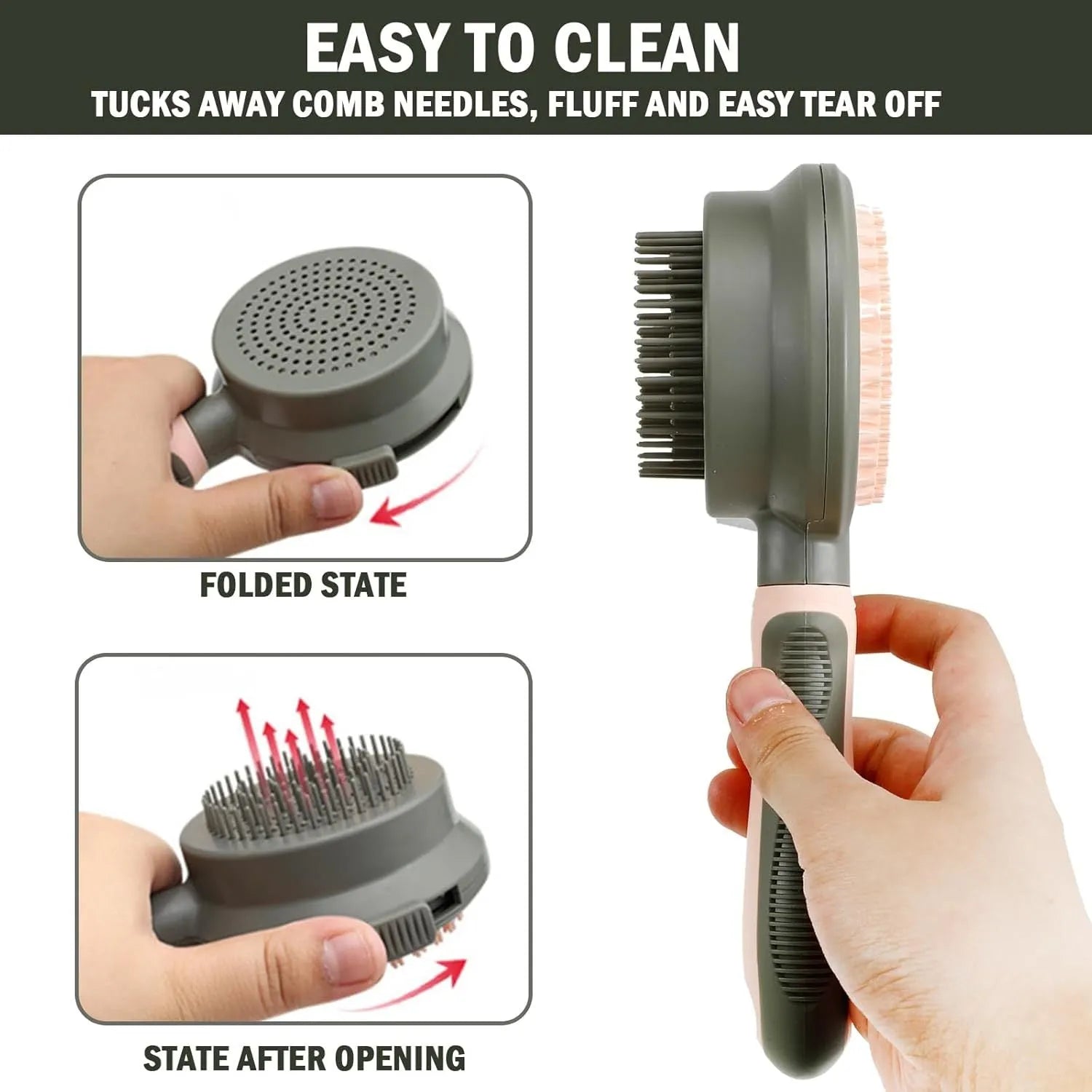 Green and pink double-sided cat brush with release button and flea comb