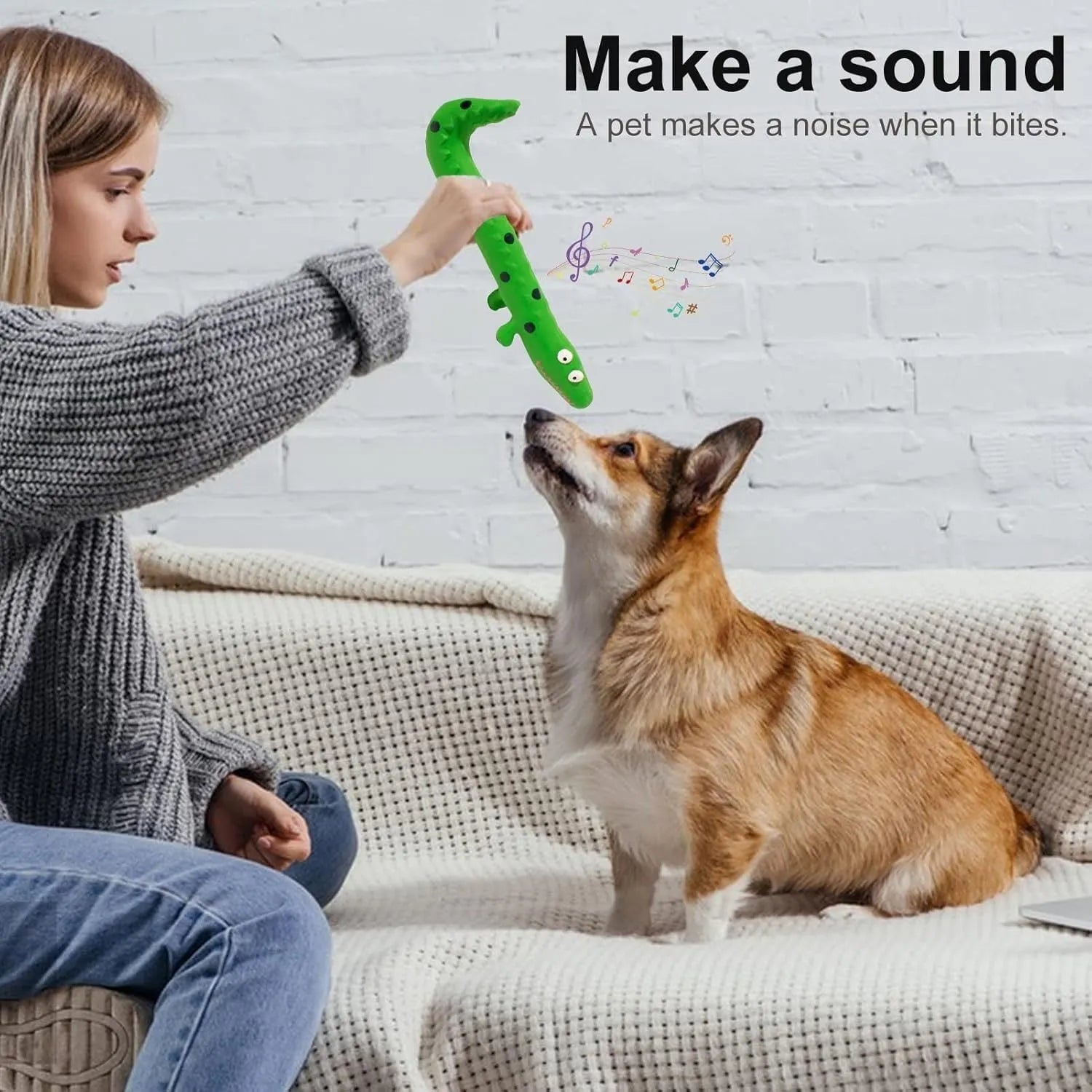 Green cartoon lizard-shaped latex dog squeaky chew toy for aggressive chewers.