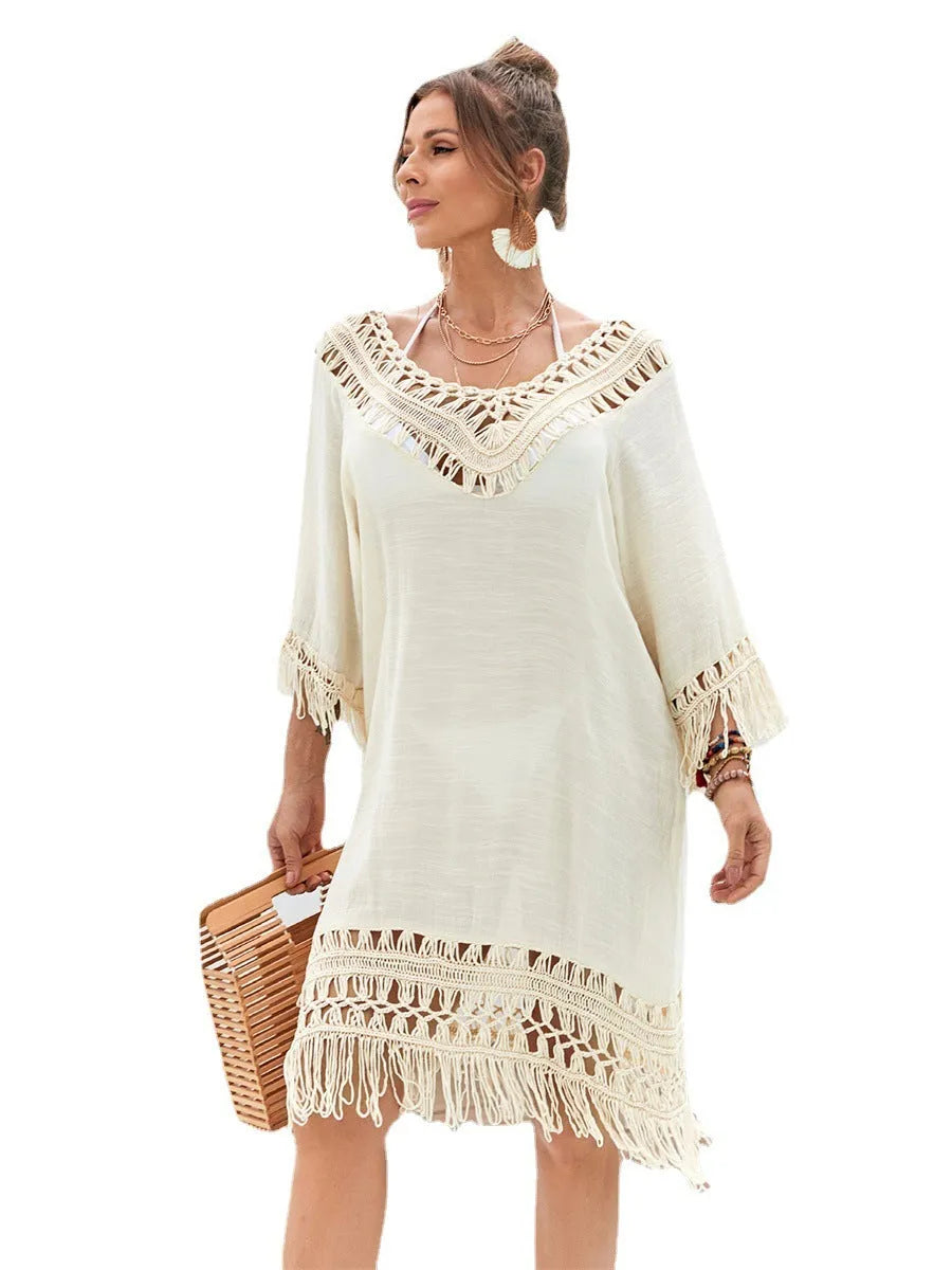 Apricot-coloured hand-crocheted beach dress with lining, shown as a free-size women's cover-up.