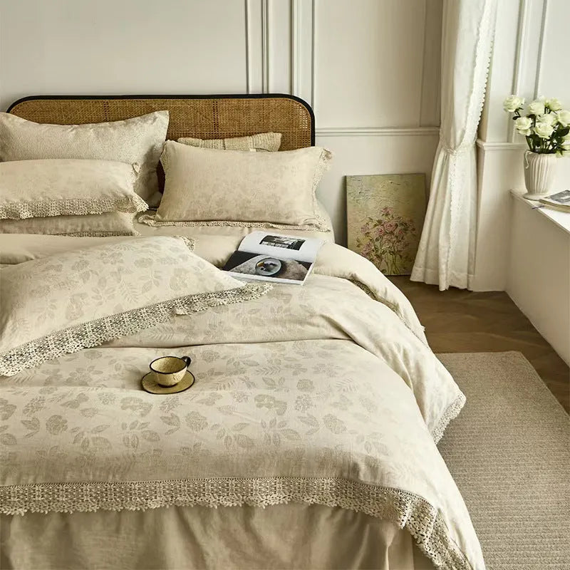 Cotton linen jacquard yarn-dyed four-piece bed sheet set in Optic Linen pattern, with quilt cover and pillowcases