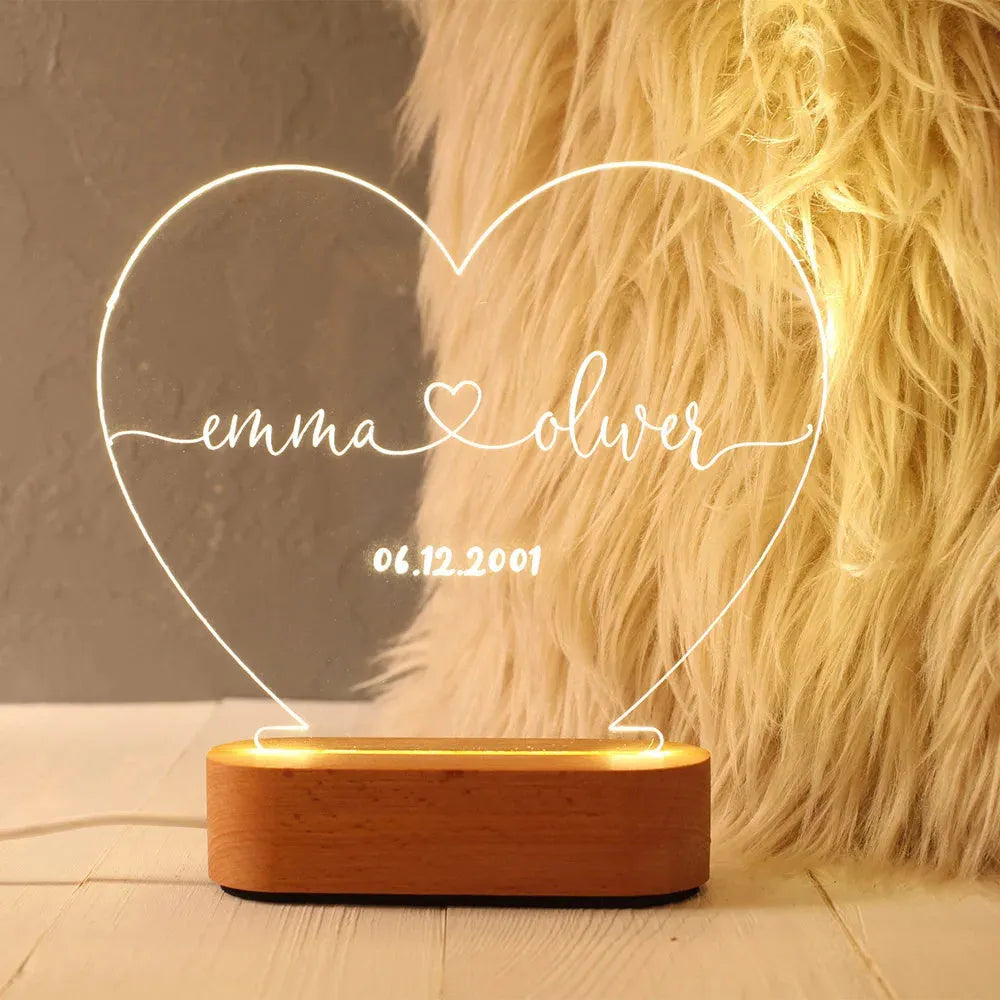 Custom acrylic LED night light with personalised names and date for couples