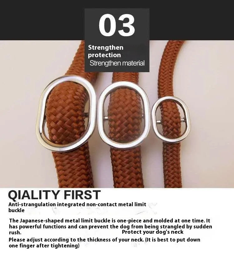 Brown nylon dog leash with P-chain hand holding rope showing 2.1 metre length