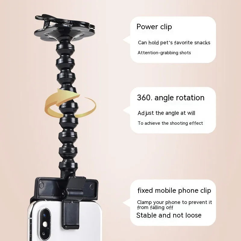 Black pet photography clip holder with rotating attachment for mobile phones and pet treats