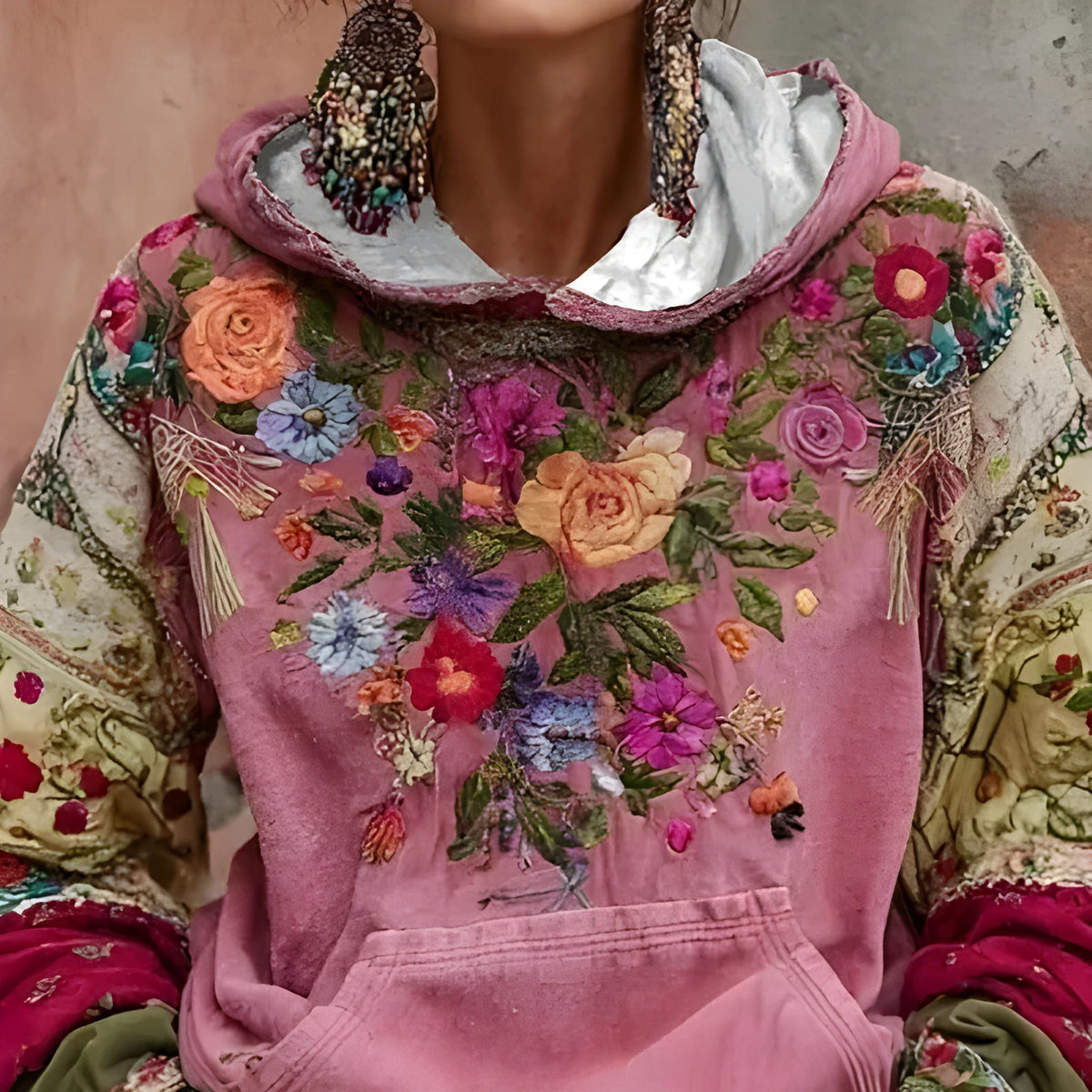 Womens long sleeve shirt with Japanese ethnic cherry blossom print and loose casual polyester fit