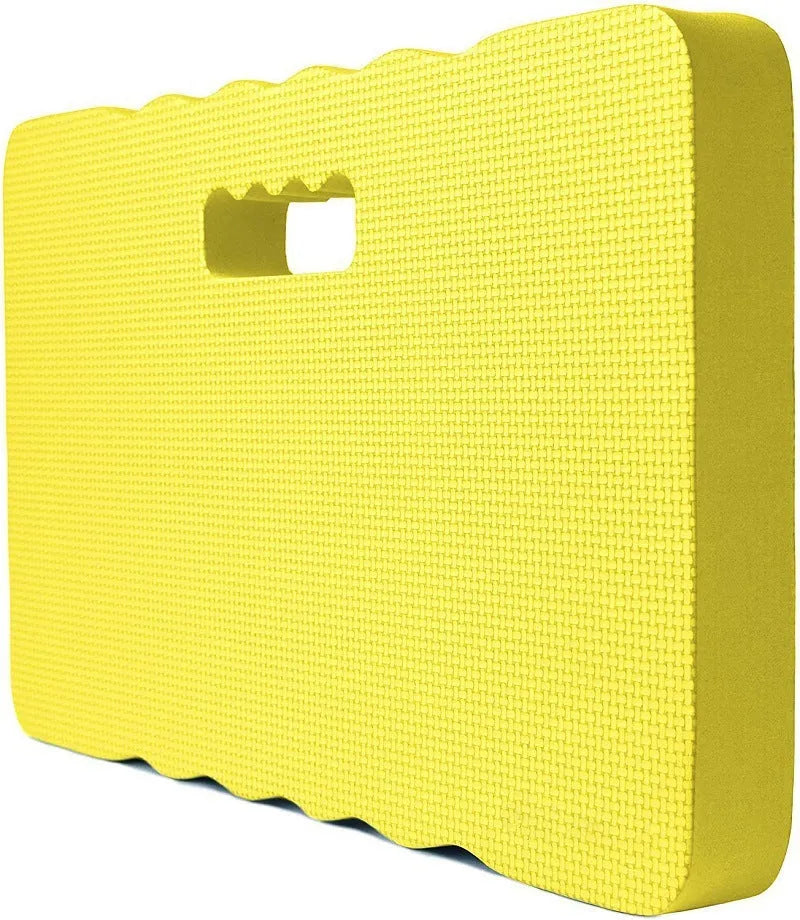 Blue rectangular EVA foam garden kneeler pad on grass, dimensions 45 by 28 cm.