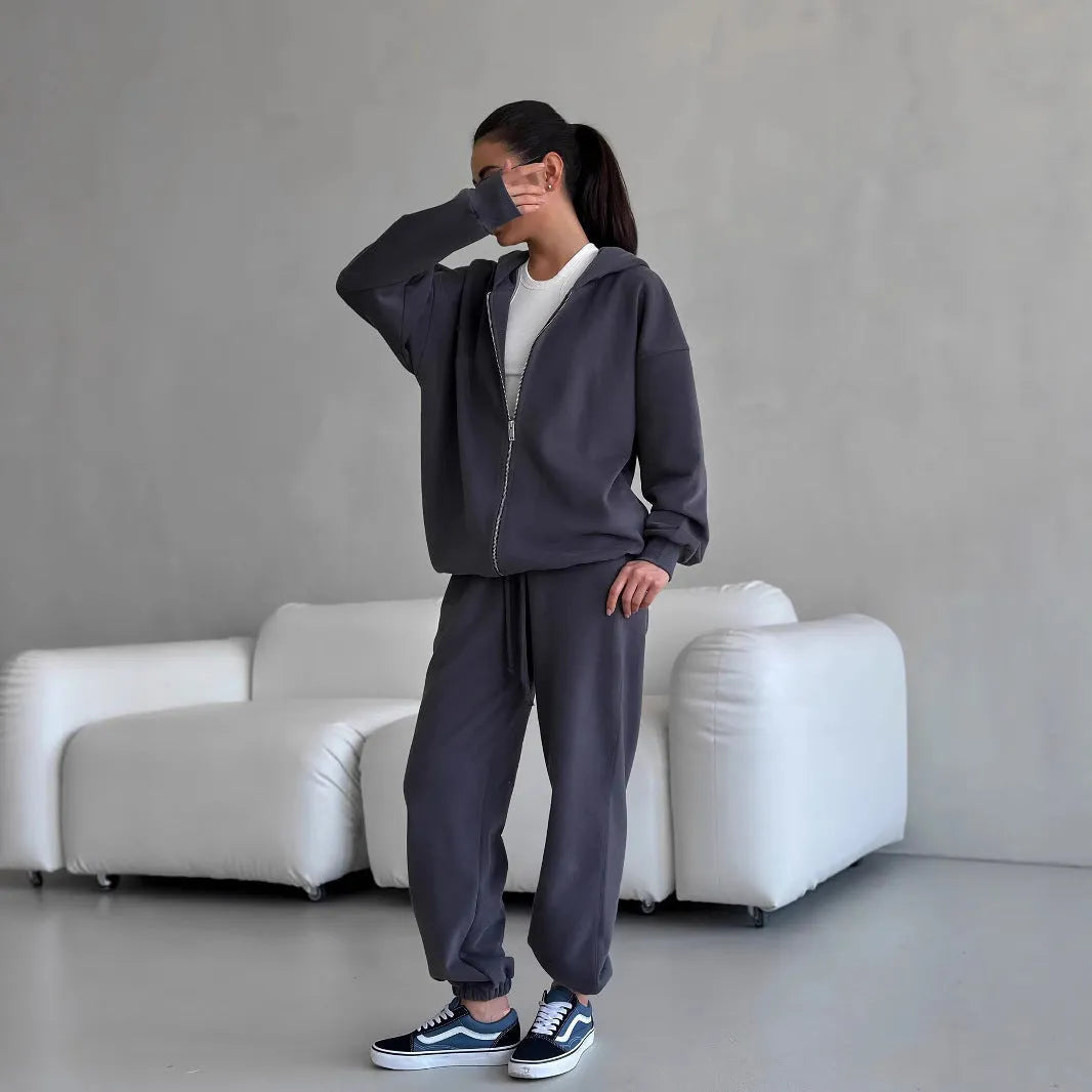 Street style long-sleeved coat and trousers two-piece set in grey colour