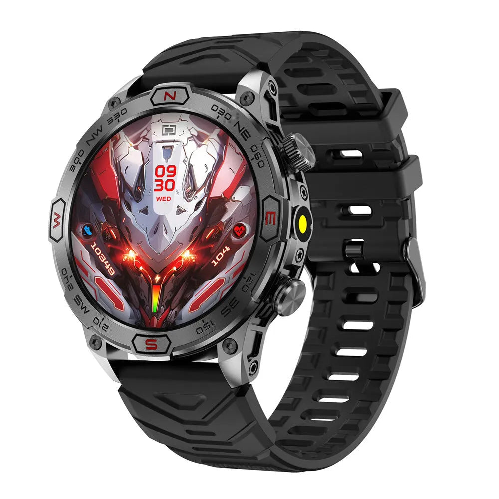 Black sports smartwatch with AMOLED display on a liquid silicone strap, showing fitness stats.