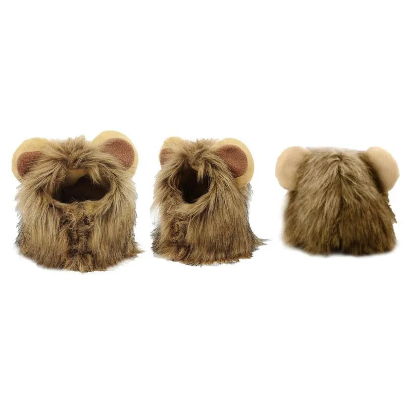 Lion mane wig accessory on cat with adjustable elastic band and fluffy artificial hair