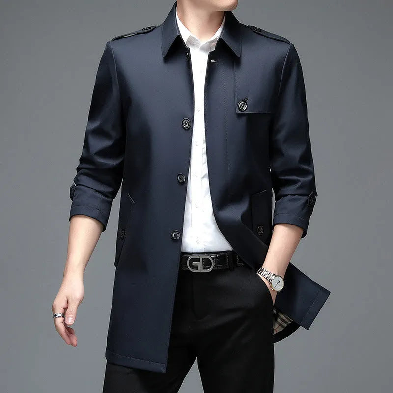 Men's mid-length lapel trench coat in black, 65cm length, chemical fibre blend fabric