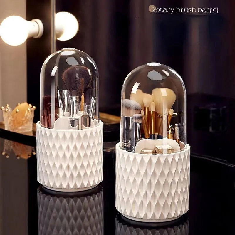 White rotating transparent acrylic makeup brush storage box with dustproof lid on desktop
