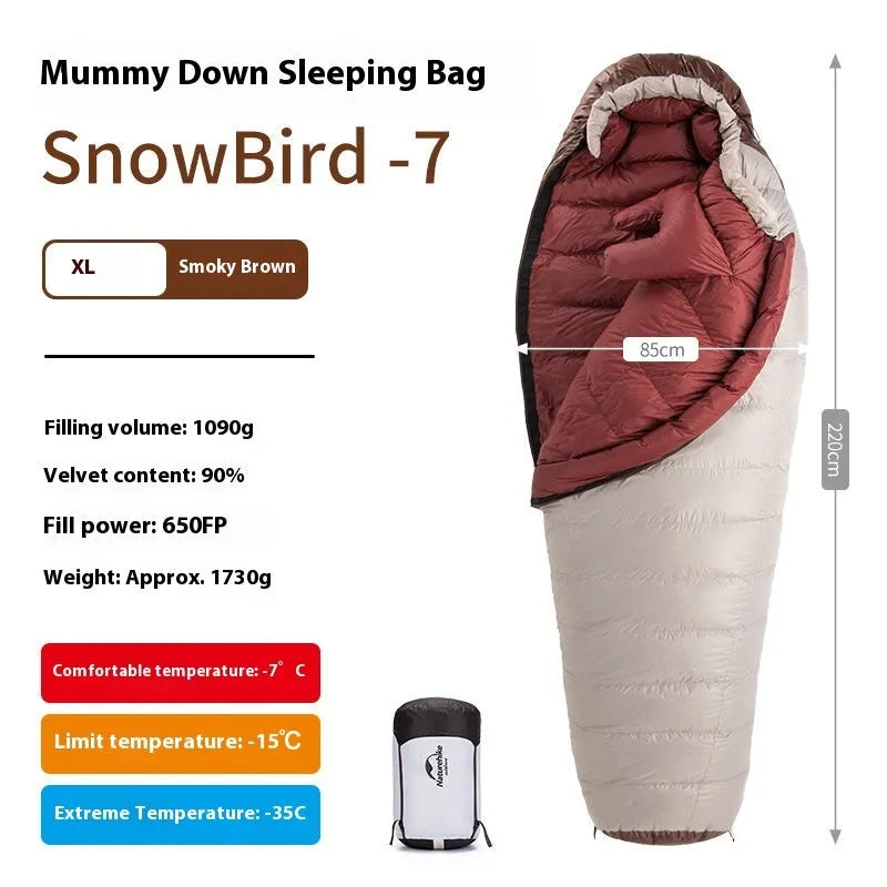 Snowbird goose down mummy sleeping bag in snowbird colour with storage bag.