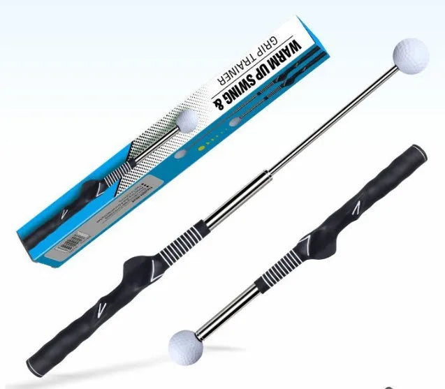 Black golf telescopic swing trainer vocal stick with rubber grip and steel shaft, 39-68cm adjustable.