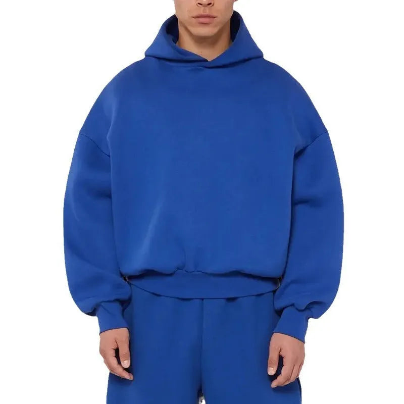 Men's grey fleece-lined cotton pullover sweatshirt hoodie with threaded long sleeves