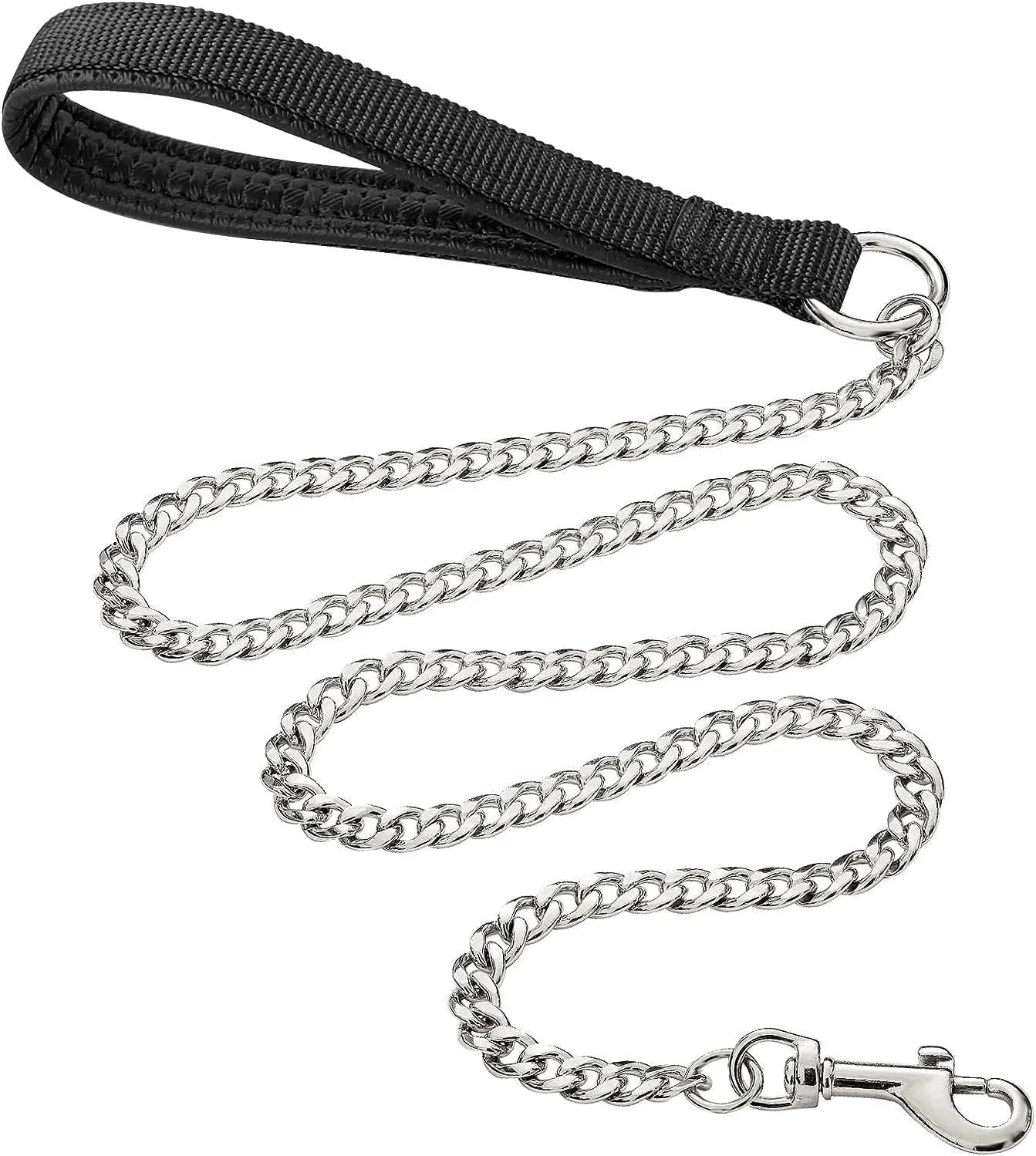 Heavy duty black metal dog leash with soft blue padded handle for large dogs