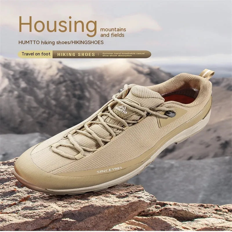 Men's low-top mountain climbing shoes with lace-up front and non-slip rubber outsole