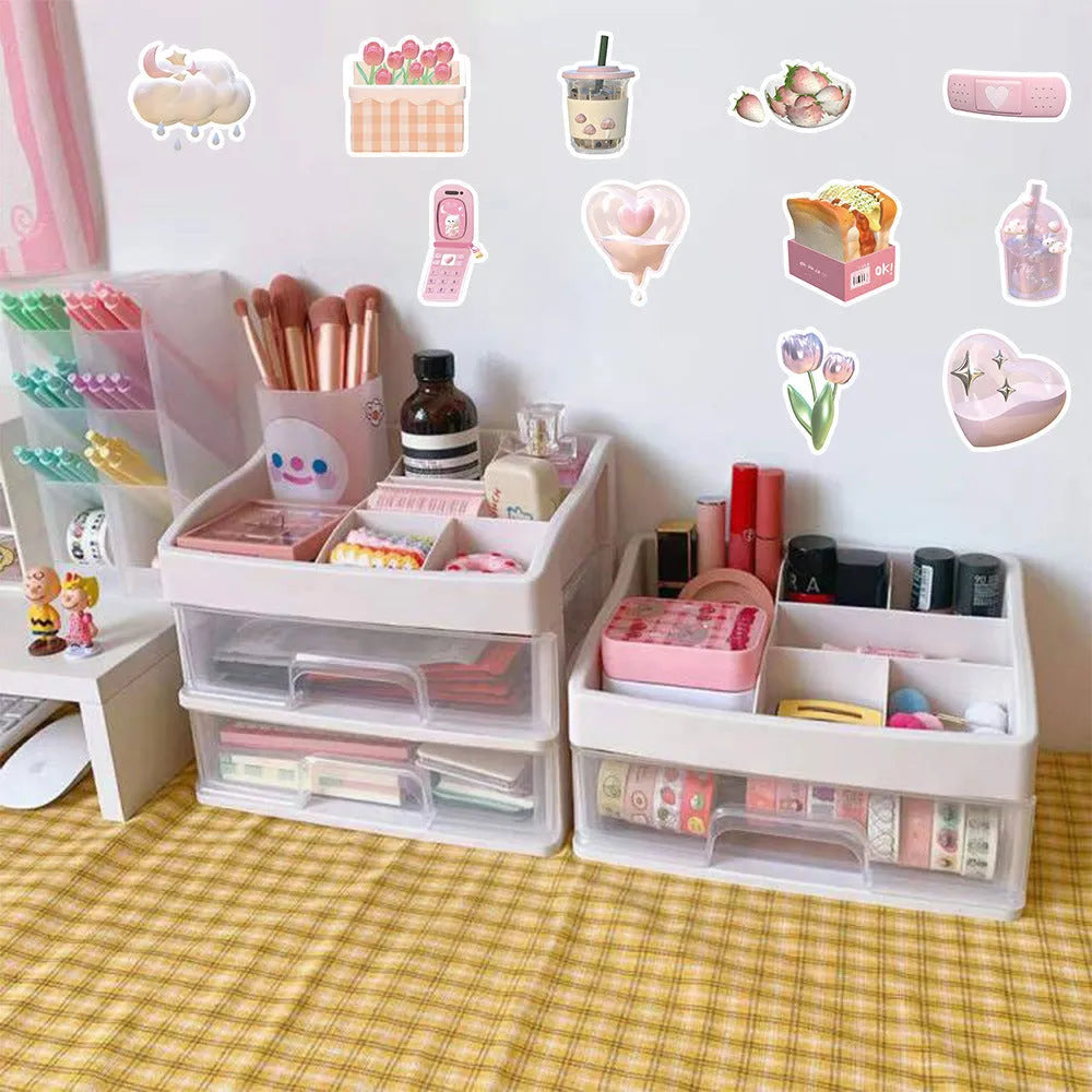 Close-up of realistic 3D decorative stickers showing pink girl and heart designs from a 63-piece set.