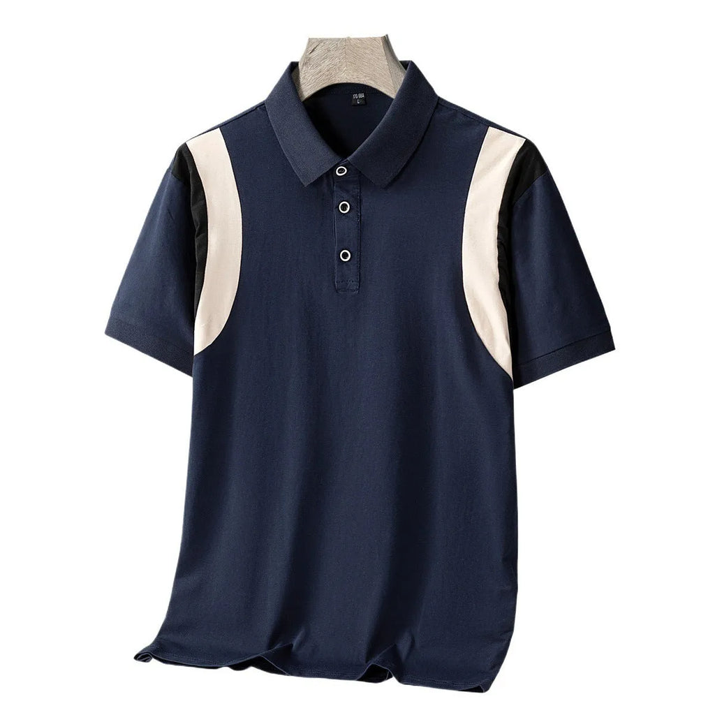 Men's striped cotton short-sleeve T-shirt with a lapel collar in a loose fit.