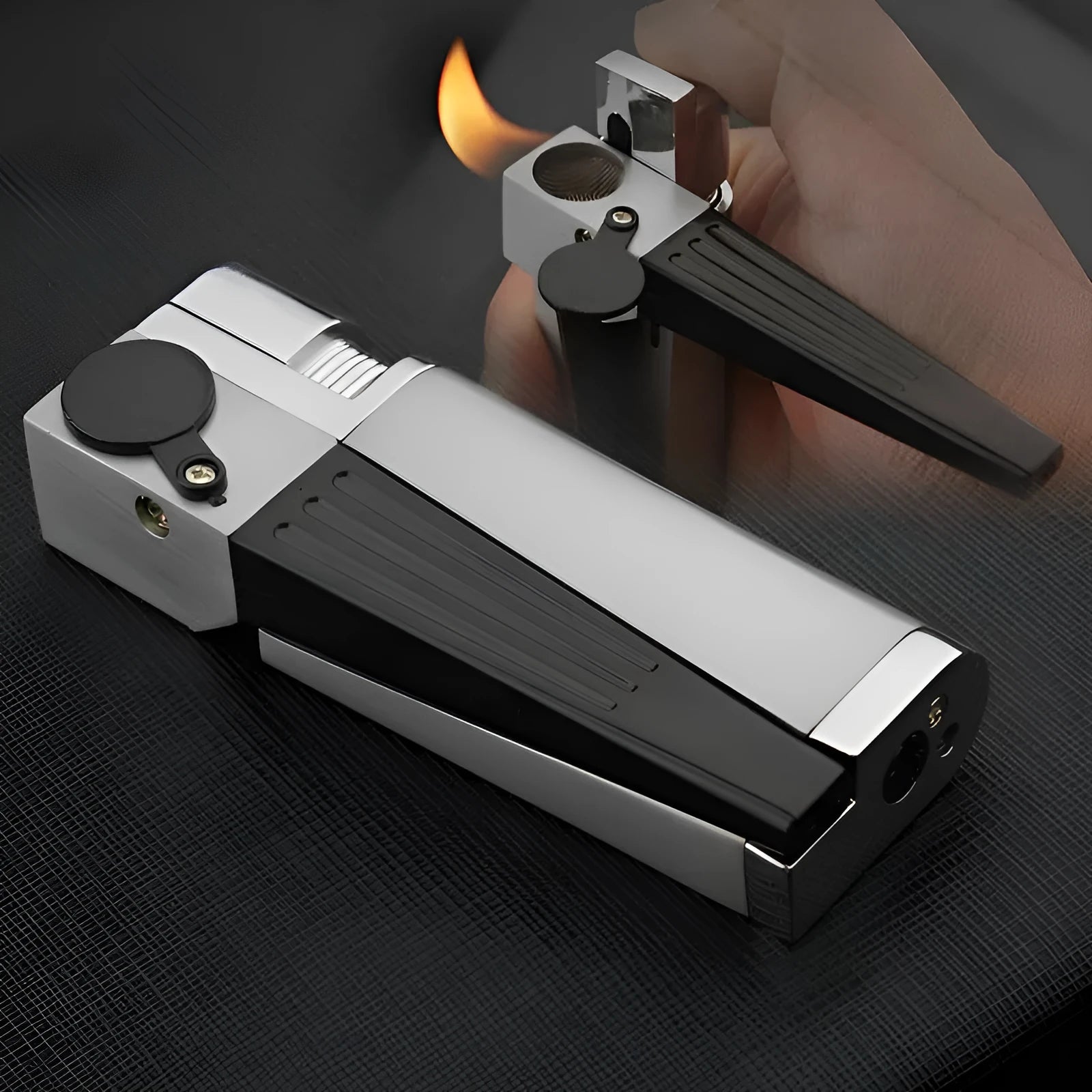 Refillable metal pipe lighter with foldable design showing silver square cover and compact 9.2cm size