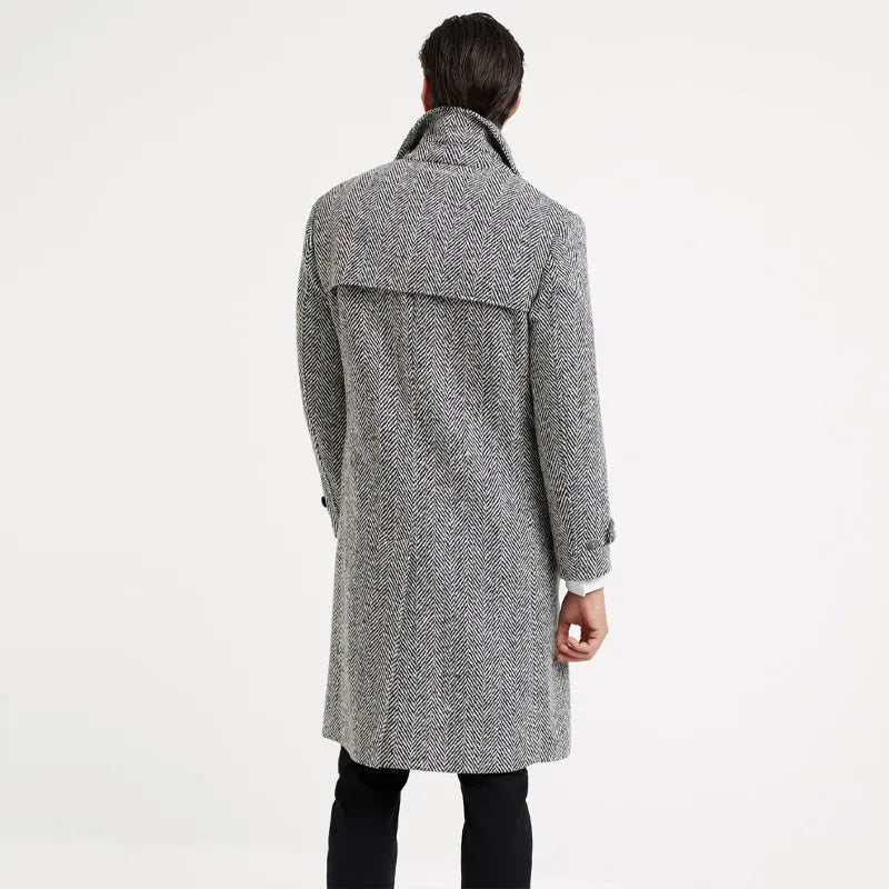 Men's mid-length double-breasted woolen overcoat in light gray with suit collar and placket front