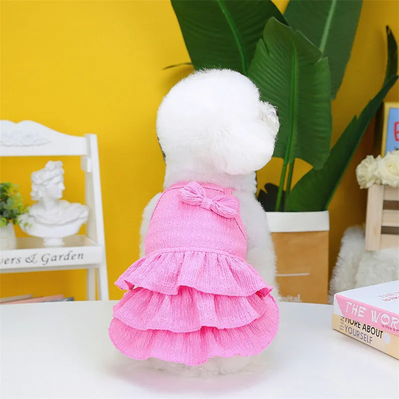 Small dog wearing princess dress with layered skirt in rose red, yellow or green