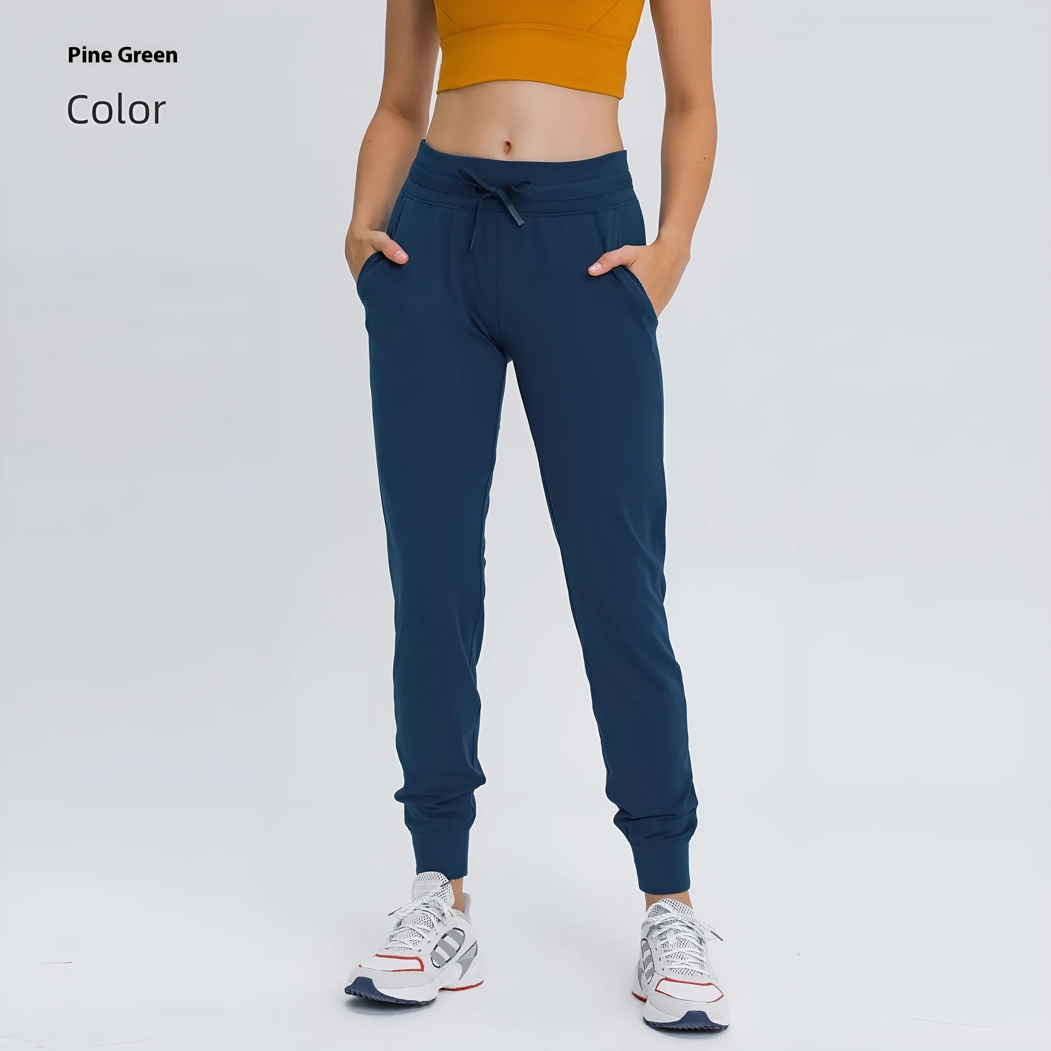 Women's high waist yoga pants in Belgian Blue colour with drawstring waistband for running fitness