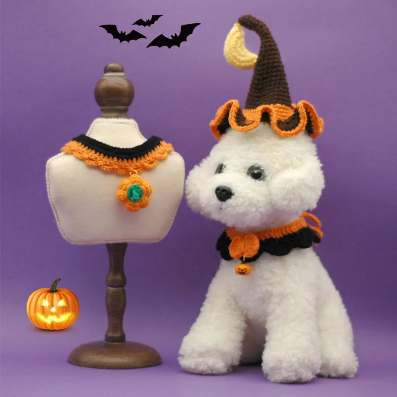 Hand crocheted wool Halloween pet collar in pumpkin colours with adjustable sizing