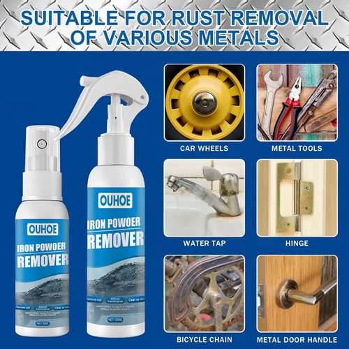 Automotive iron powder rust remover spray bottle with blue sponge and towel for car cleaning