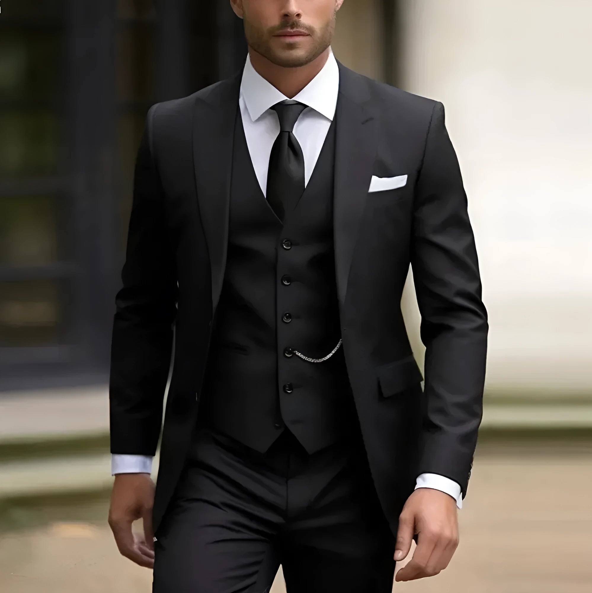 Men's three-piece slim fit suit with vest in chemical fibre blend fabric
