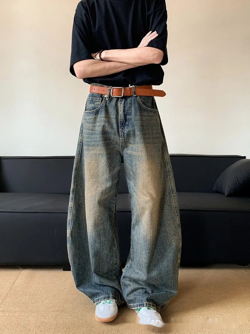 Men's retro blue distressed denim wide-leg trousers with micro elastic cotton blend fabric