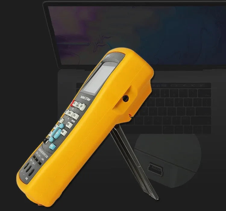 ET432 handheld LCR digital bridge with 2.8 inch TFT LCD, 100Hz to 100kHz range, Kelvin test clamp.