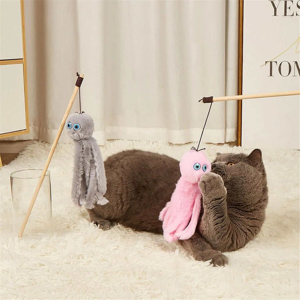 Colourful octopus cat toy with eyes on a long stick for interactive indoor play with kittens and cats