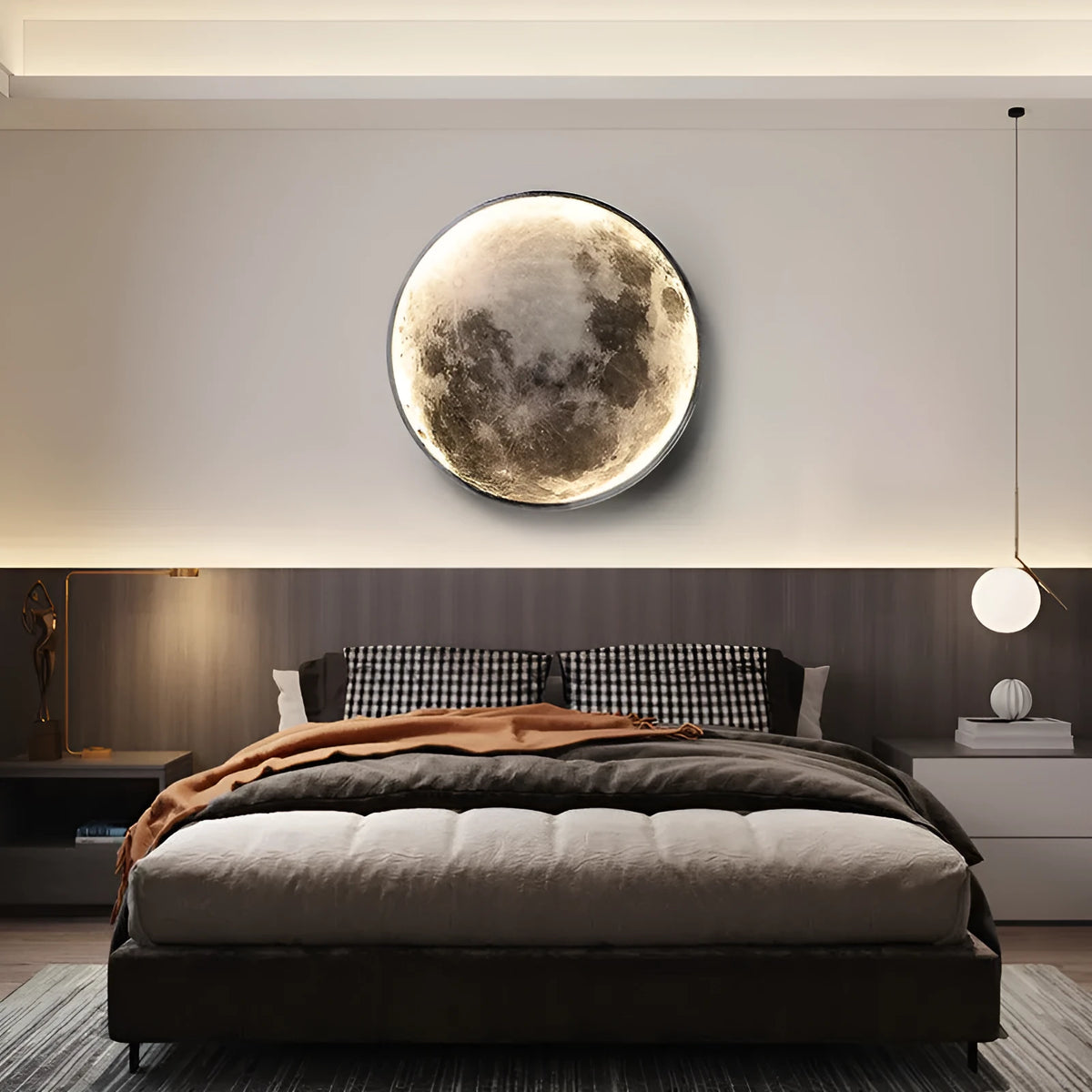 Moon wall lamp in modern lunar design, 24cm to 120cm diameter, 220V LED for bedroom bedside
