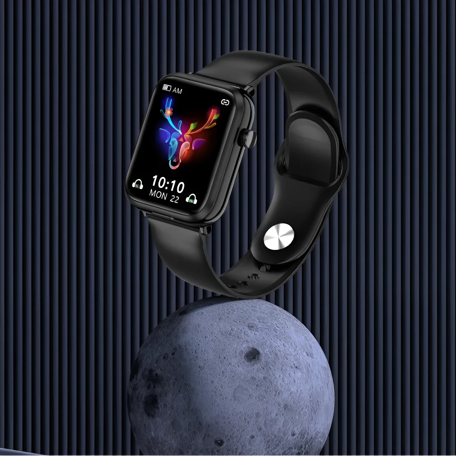 Black zinc alloy smartwatch with 1.69-inch touchscreen and integrated Bluetooth headset charging case.