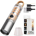 Orange and beige multifunctional flashlight with hook attachment and optical zoom lens